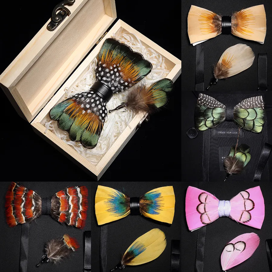 Ricnais New Original Feather Bow Tie Brooch Set White Bule Colorful Handmade Exquisite Bowtie For Men Wedding Ties Gift with Box