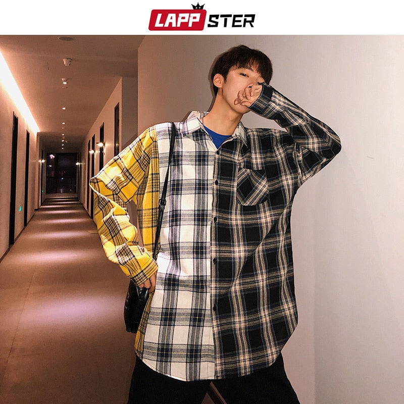 LAPPSTER Men Oversized Cotton Plaid Shirt 2023 Man Hip Hop Patchwork Button Up Long Sleeve Shirt Couple Korean Harajuku Clothing