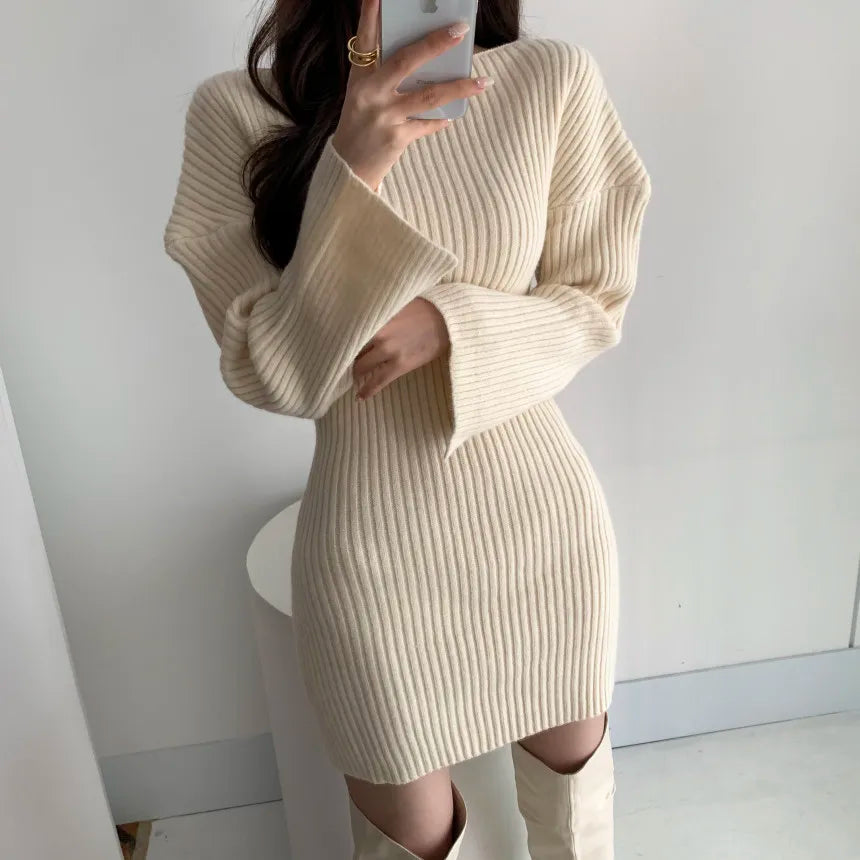 Croysier Women Dresses 2021 Fall Winter Elegant Warm Ribbed Knitted Bodycon Dress Round Neck Long Sleeve Solid Sexy Mini Dress