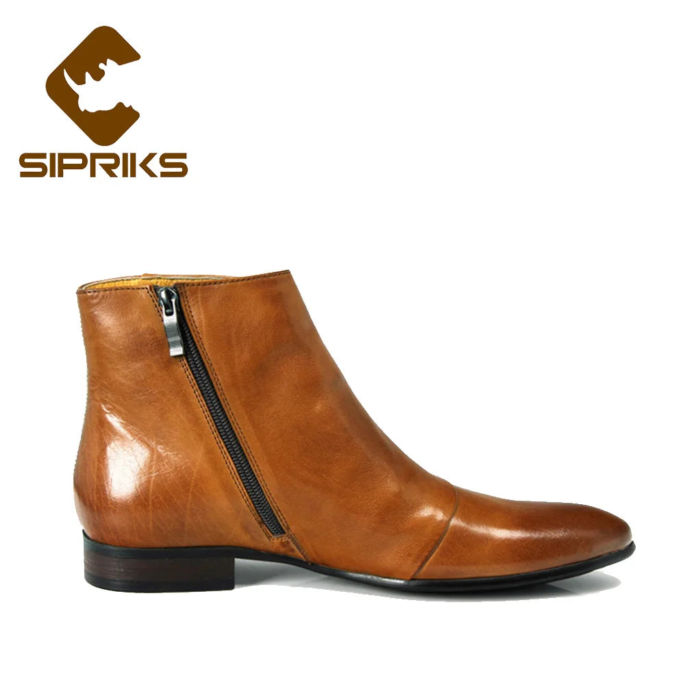 Sipriks Mens Cowboy Boots Brown Leather Zip Boots Euro Size 44 Boss Footwear Shoes Black Ankle Boots Formal Gents Suit Social