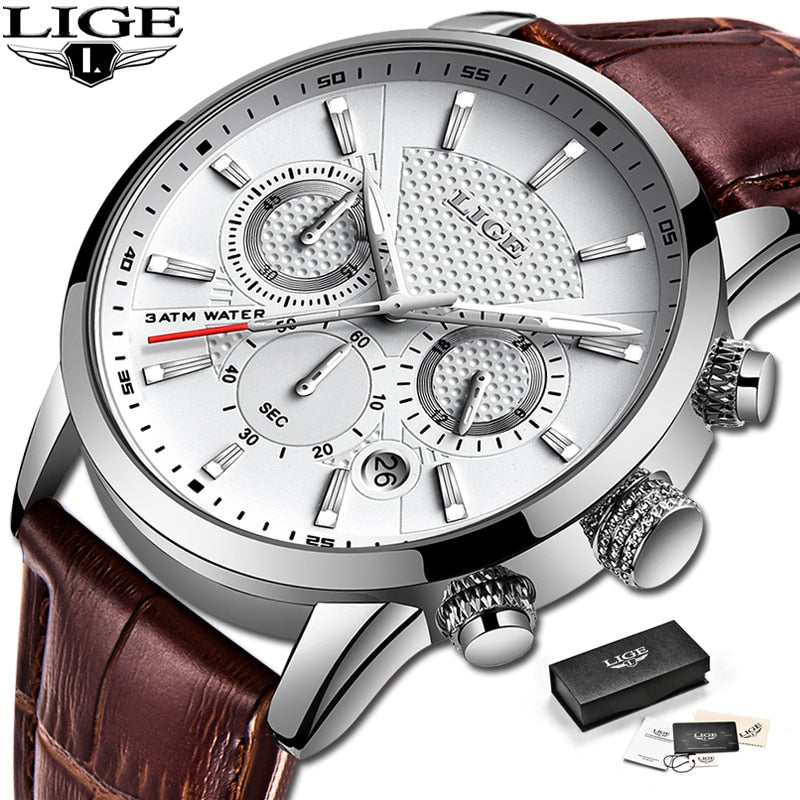 2023 New Mens Watches LIGE Top Brand Leather Chronograph Waterproof Sport Automatic Date Quartz Watch For Men Relogio Masculino