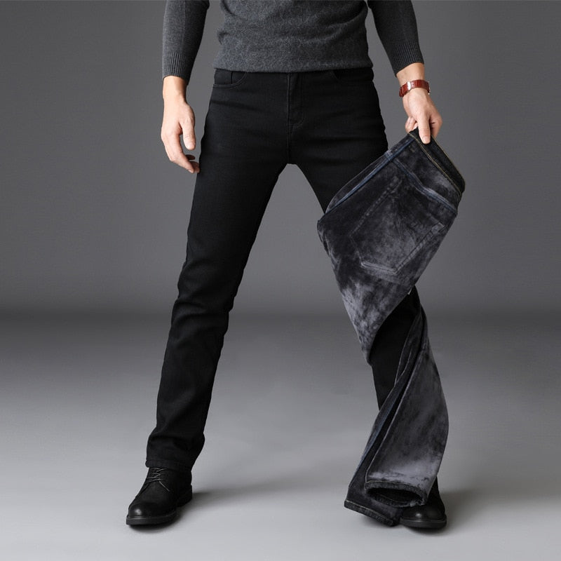 2022 Men Fashion Winter Jeans Men Black Slim Fit Stretch Thick Velvet Pants Warm Jeans Casual Fleece Trousers Male Plus Size