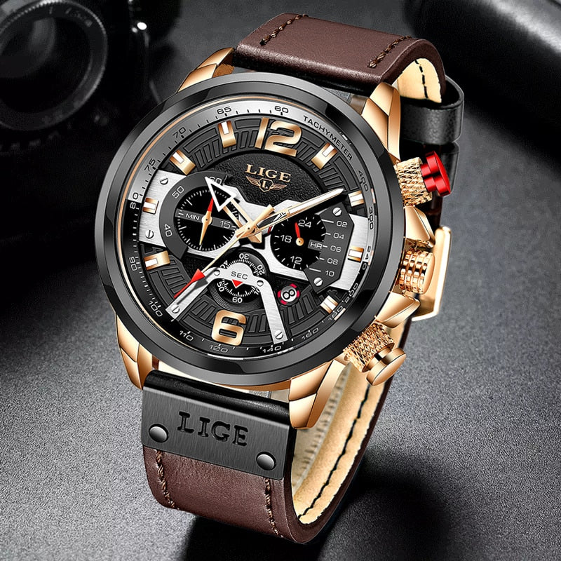 2023 New Mens Watches LIGE Top Brand Leather Chronograph Waterproof Sport Automatic Date Quartz Watch For Men Relogio Masculino