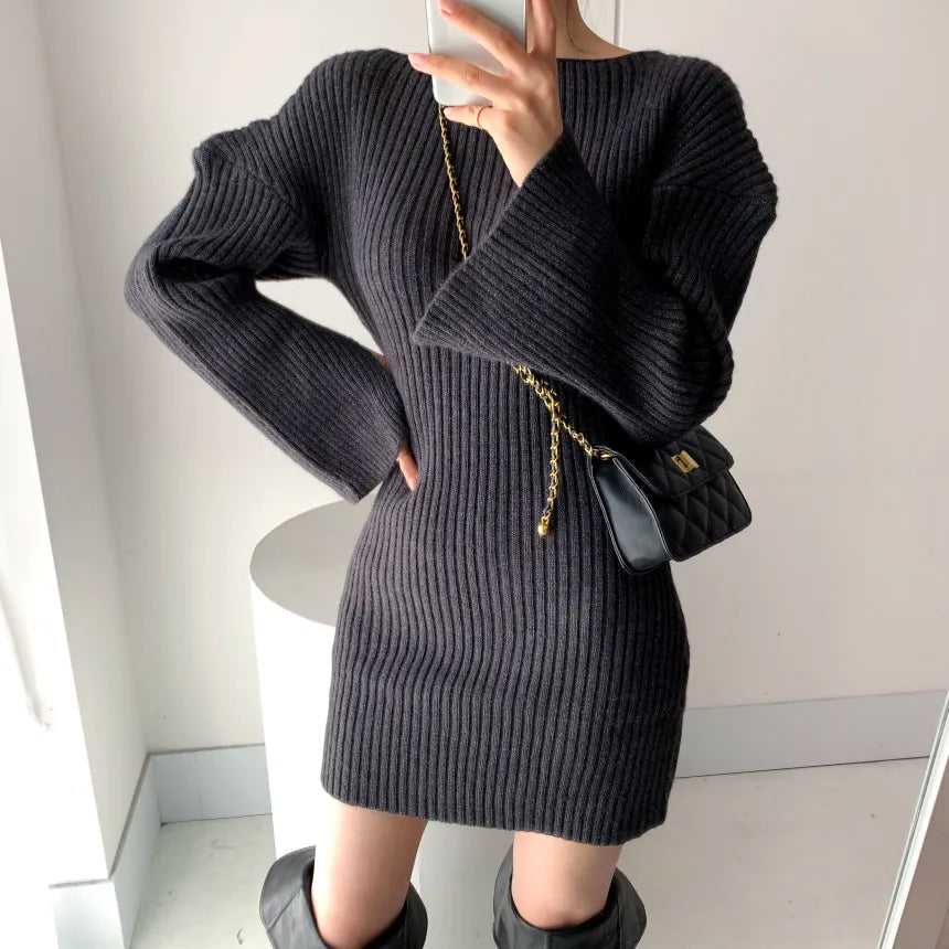 Croysier Women Dresses 2021 Fall Winter Elegant Warm Ribbed Knitted Bodycon Dress Round Neck Long Sleeve Solid Sexy Mini Dress