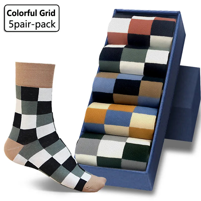 5Pair-pack New Men's Socks Colorful Grid Sock Casual Business High Quality Happy Combed Cotton Socks Fashion Gentleman Socks Men