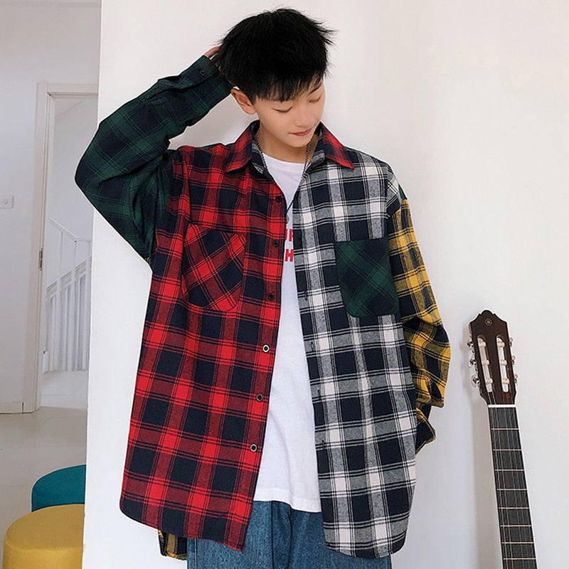 LAPPSTER Men Oversized Cotton Plaid Shirt 2023 Man Hip Hop Patchwork Button Up Long Sleeve Shirt Couple Korean Harajuku Clothing