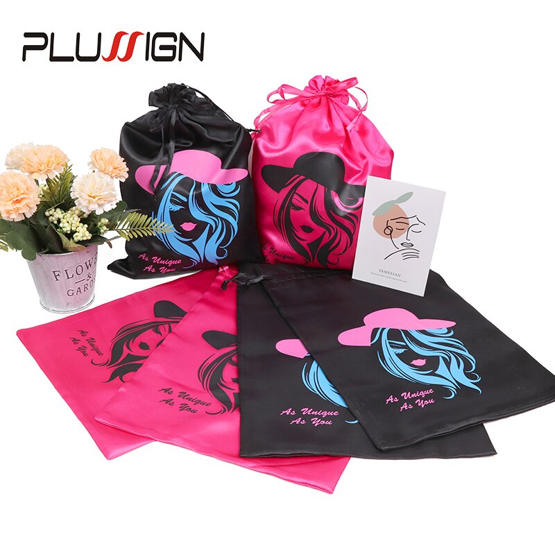 Plussign Satin Bags For Packageing Hair Big 10*14 Inch For Long Hair Extension And Wigs Satin Drawstring Bag 3Pcs Black Color