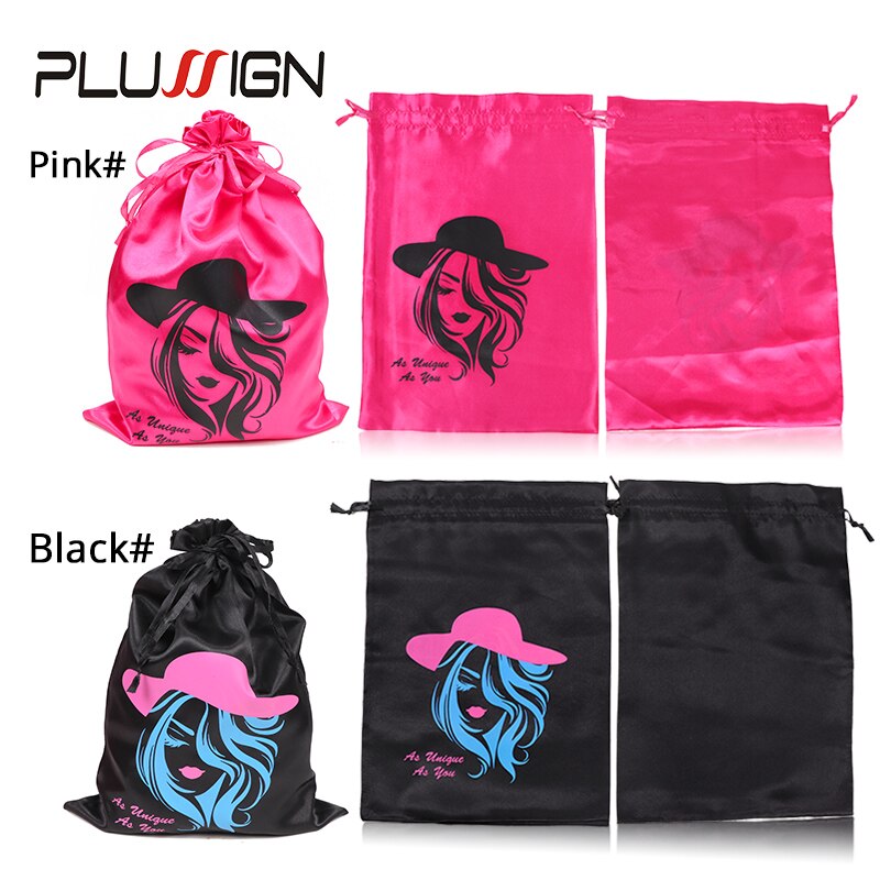 Plussign Satin Bags For Packageing Hair Big 10*14 Inch For Long Hair Extension And Wigs Satin Drawstring Bag 3Pcs Black Color