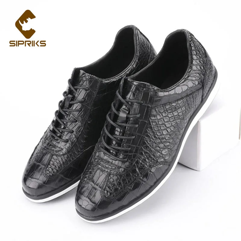 Sipriks Luxury Black Crocodile Skin Casual Shoes Men's Sneakers Flat-Bottomed Shoes Sport Running High Quality Alligator Skin 44