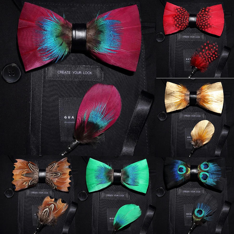 Ricnais Brand Designer Mens Fashion Feather Bow Tie Brooch Set Adjustable Formal Tie Bowtie Wedding Party with Gift Box