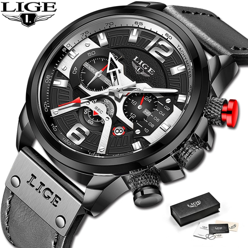 2023 New Mens Watches LIGE Top Brand Leather Chronograph Waterproof Sport Automatic Date Quartz Watch For Men Relogio Masculino