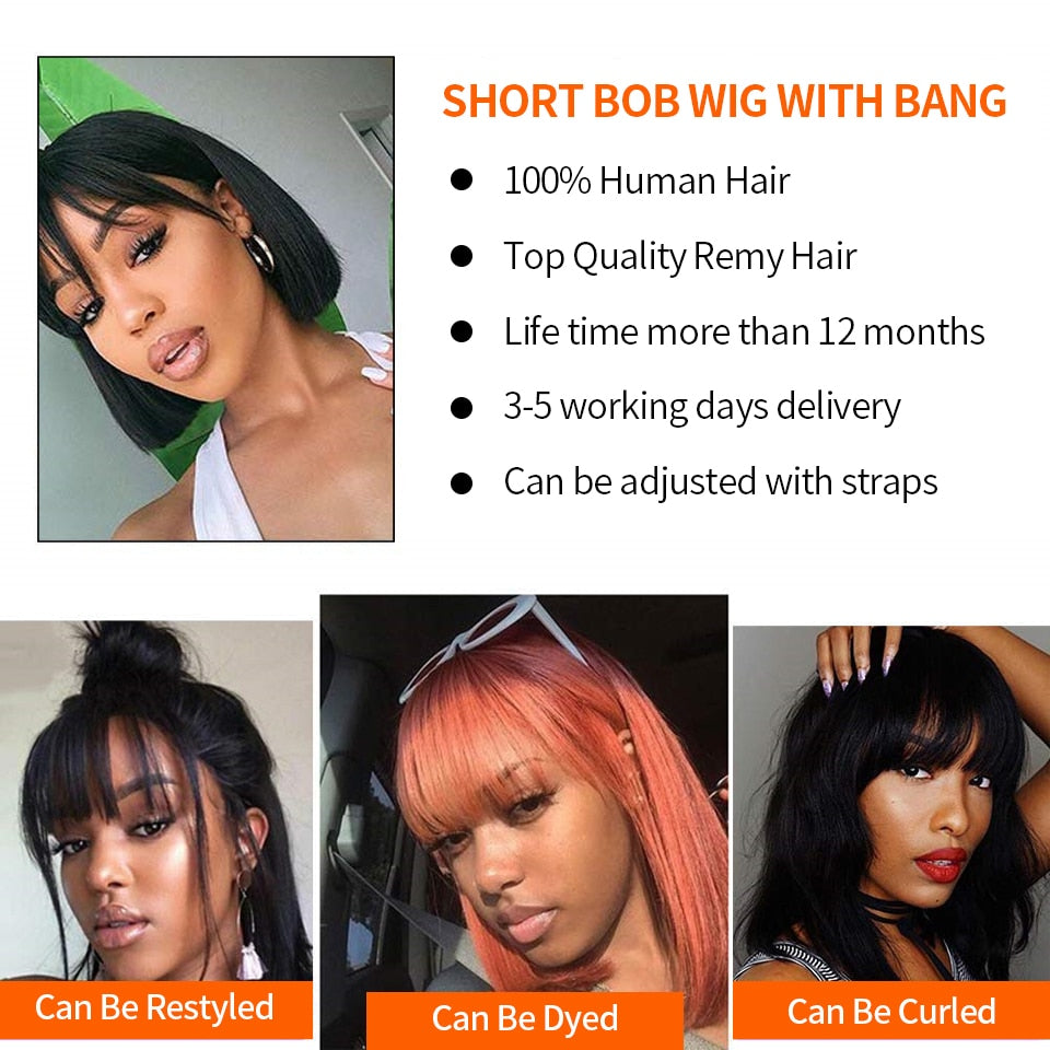 Short Bob Wig Straight Human Hair Wigs Full Machine Made Wigs Natural Color With Bangs Brazilian Remy Bob Wigs For Women No Lace