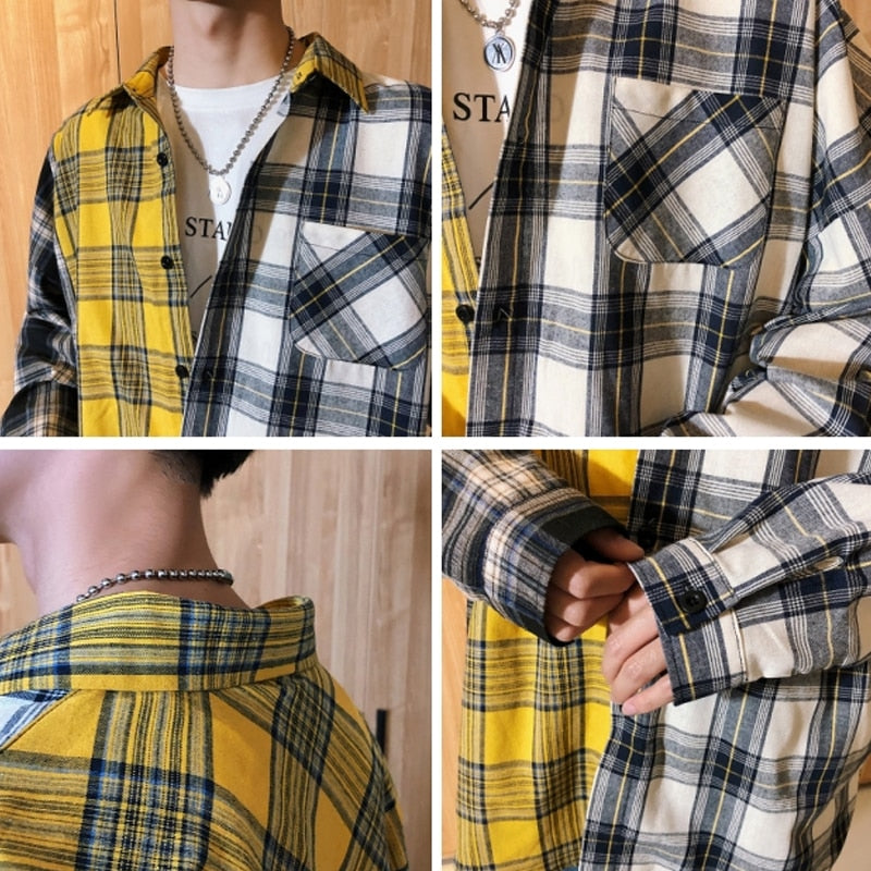 LAPPSTER Men Oversized Cotton Plaid Shirt 2023 Man Hip Hop Patchwork Button Up Long Sleeve Shirt Couple Korean Harajuku Clothing