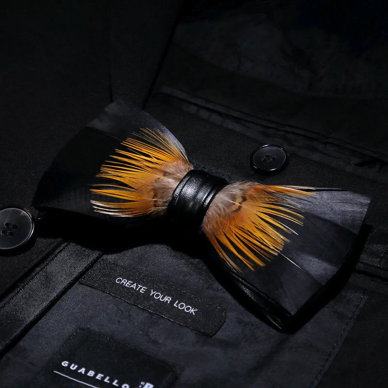 JEMYGINS Original Design Black Yellow Bird Feather Bow Tie Handmade Bowtie Brooch Gift Wooden Box Combo  for Men Wedding Party