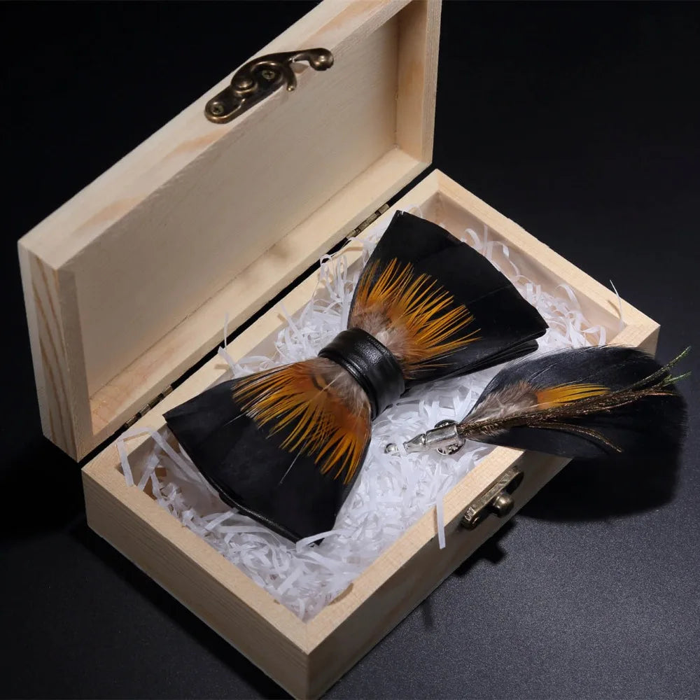 JEMYGINS Original Design Black Yellow Bird Feather Bow Tie Handmade Bowtie Brooch Gift Wooden Box Combo  for Men Wedding Party