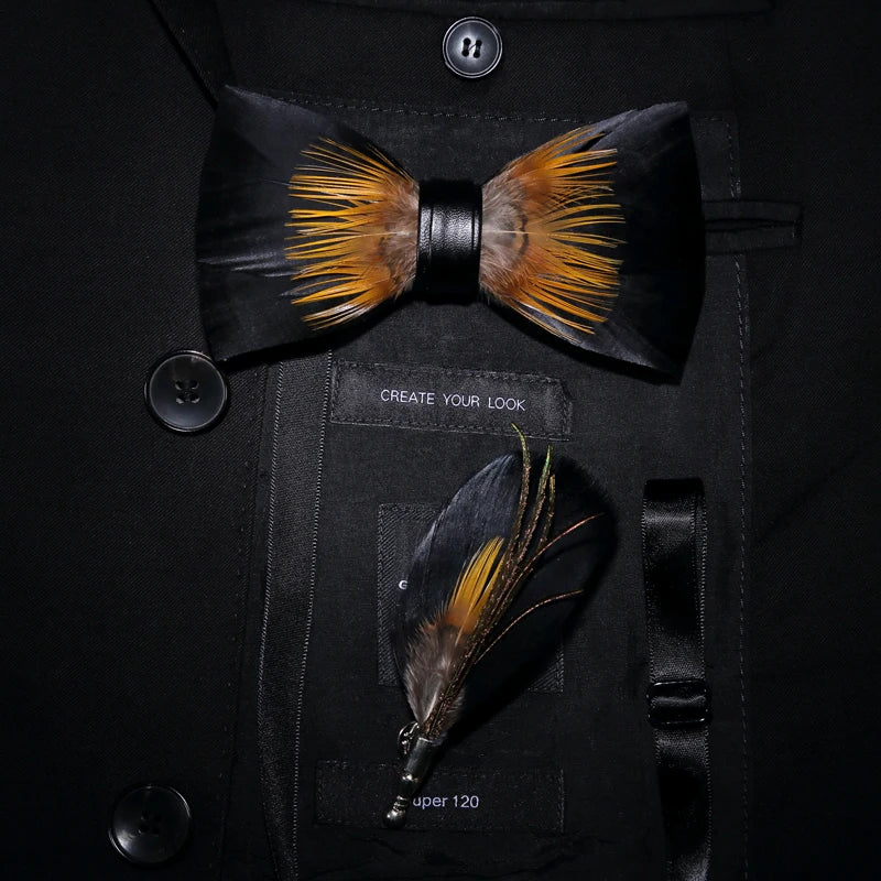 JEMYGINS Original Design Black Yellow Bird Feather Bow Tie Handmade Bowtie Brooch Gift Wooden Box Combo  for Men Wedding Party