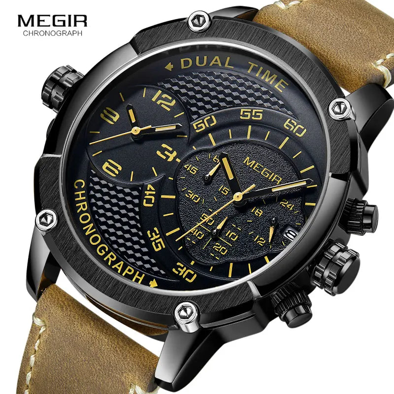 MEGIR Men's Double Time Zone Chronograph Quartz Watches Waterproof Lumious Leather Band Army Sports Wristwatch for Man 2093G-BK