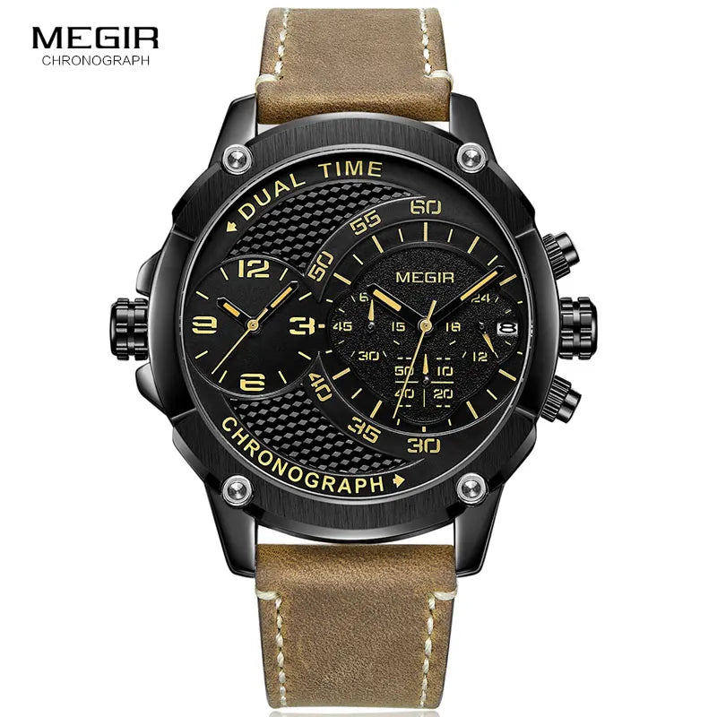 MEGIR Men's Double Time Zone Chronograph Quartz Watches Waterproof Lumious Leather Band Army Sports Wristwatch for Man 2093G-BK