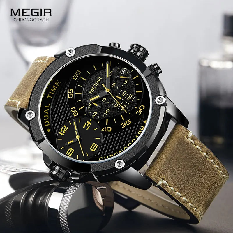 MEGIR Men's Double Time Zone Chronograph Quartz Watches Waterproof Lumious Leather Band Army Sports Wristwatch for Man 2093G-BK