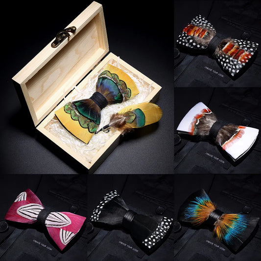 JEMYGINS 2019 original design bow tie feather bow exquisite handmade men's bow tie brooch pin wooden gift set wedding party