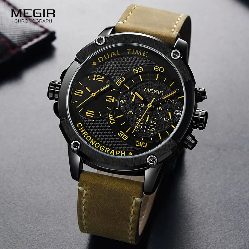 MEGIR Men's Double Time Zone Chronograph Quartz Watches Waterproof Lumious Leather Band Army Sports Wristwatch for Man 2093G-BK