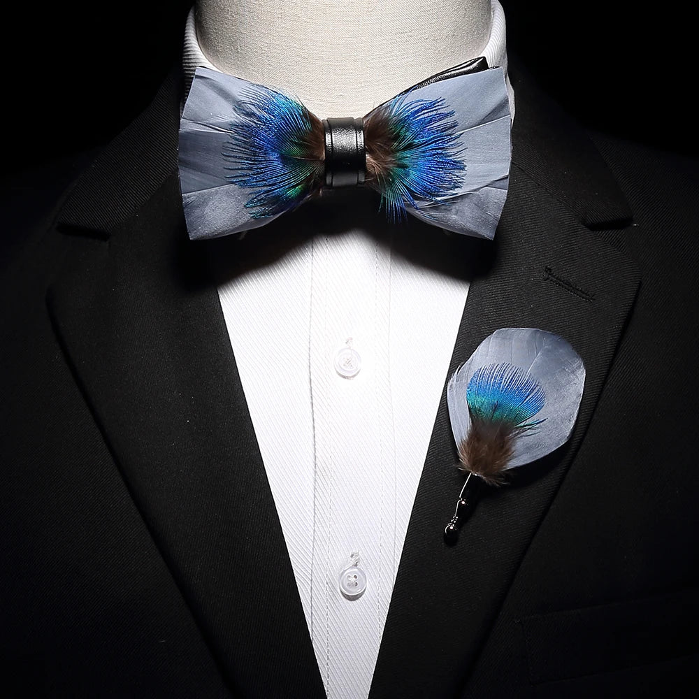 Ricnais New Original Feather Bow Tie Brooch Set White Bule Colorful Handmade Exquisite Bowtie For Men Wedding Ties Gift with Box