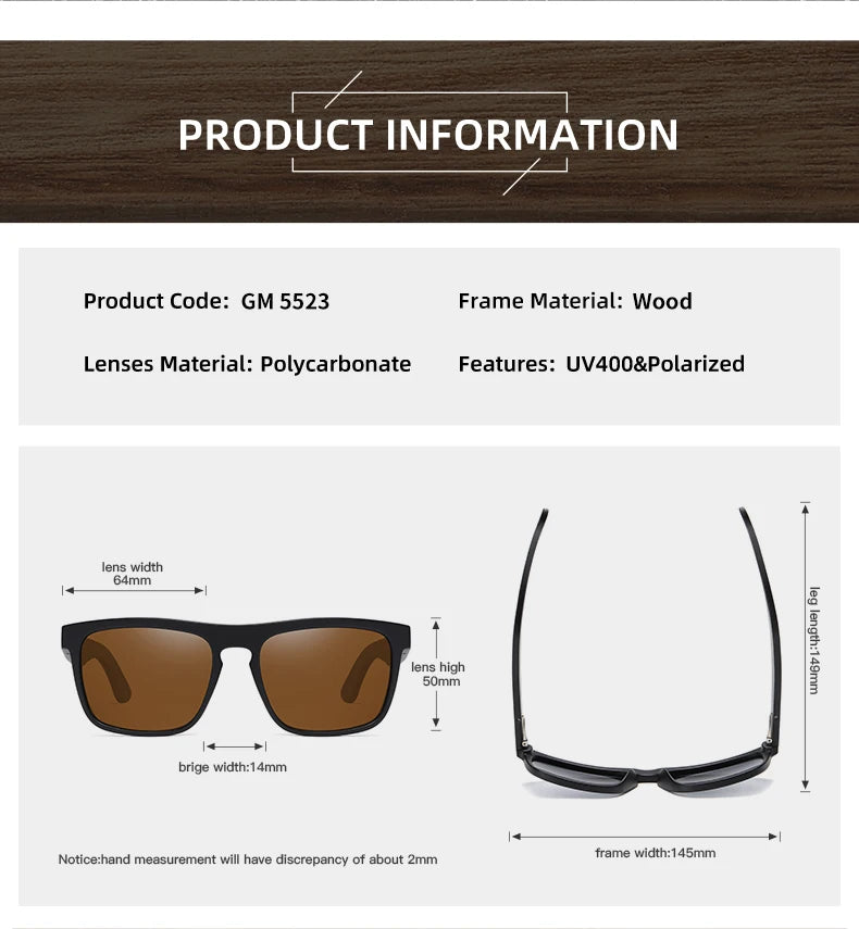 GM New Arrivals Black Wooden Polarized Sunglasses for Men Bamboo Sunglasses Red UV400 Lenses Fashion Driving Shades S5523