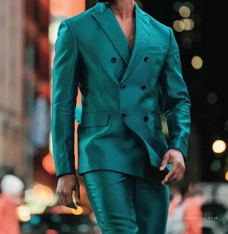 2 Pieces Men Suits Fashion Double Breasted Bright Green Customized Handsome Slim Fit Party Suits Coat+Pant