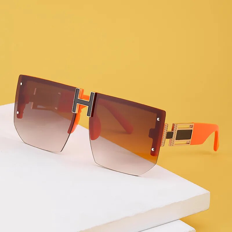 High Quality H Letter Ladies Rimless Square Sunglasses Trending Orange Gradient Fashion Unisex Sun Glasses Brand Designer