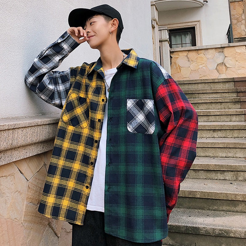 LAPPSTER Men Oversized Cotton Plaid Shirt 2023 Man Hip Hop Patchwork Button Up Long Sleeve Shirt Couple Korean Harajuku Clothing