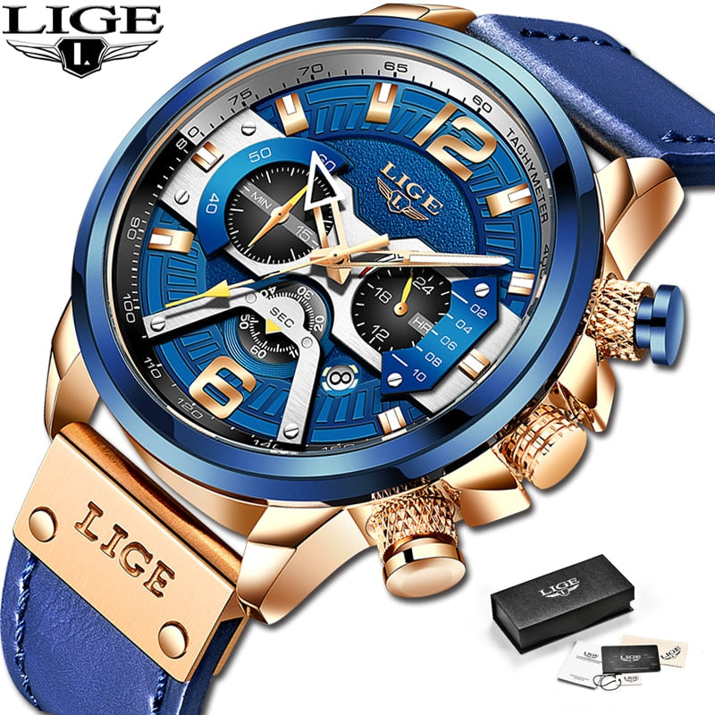 2023 New Mens Watches LIGE Top Brand Leather Chronograph Waterproof Sport Automatic Date Quartz Watch For Men Relogio Masculino