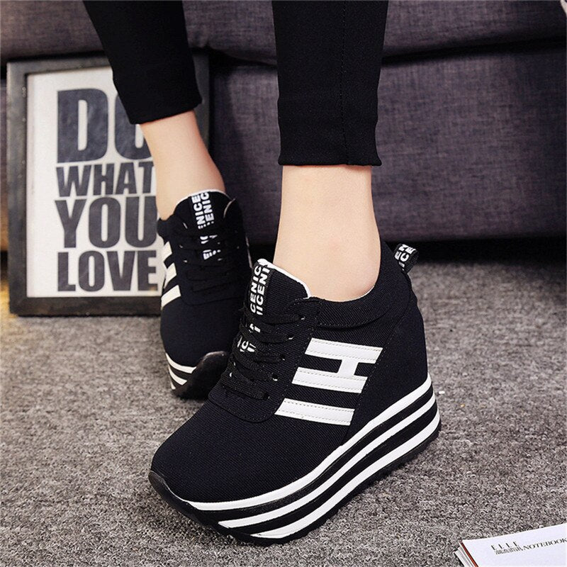 2021 High Flat Platform 9cm Height Increasing Casual Shoes Woman Spring New Hidden Wedge Sneakers Female Vulcanize Shoes