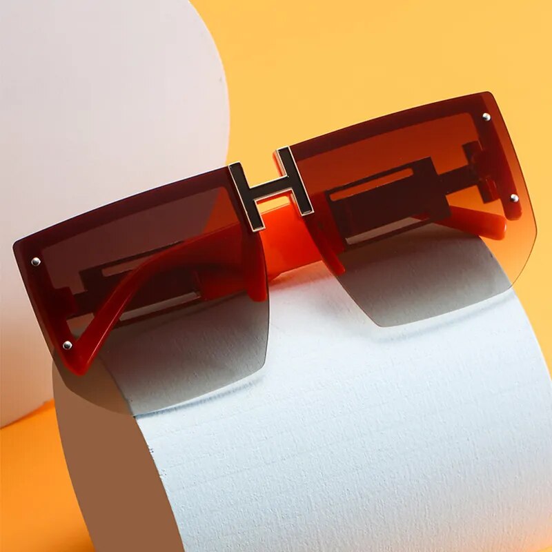 High Quality H Letter Ladies Rimless Square Sunglasses Trending Orange Gradient Fashion Unisex Sun Glasses Brand Designer