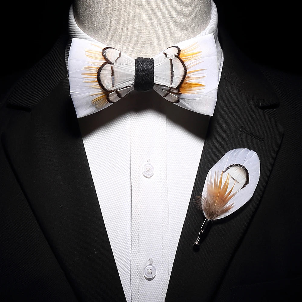 Ricnais New Original Feather Bow Tie Brooch Set White Bule Colorful Handmade Exquisite Bowtie For Men Wedding Ties Gift with Box