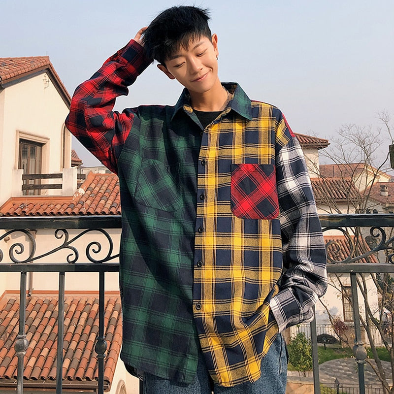 LAPPSTER Men Oversized Cotton Plaid Shirt 2023 Man Hip Hop Patchwork Button Up Long Sleeve Shirt Couple Korean Harajuku Clothing