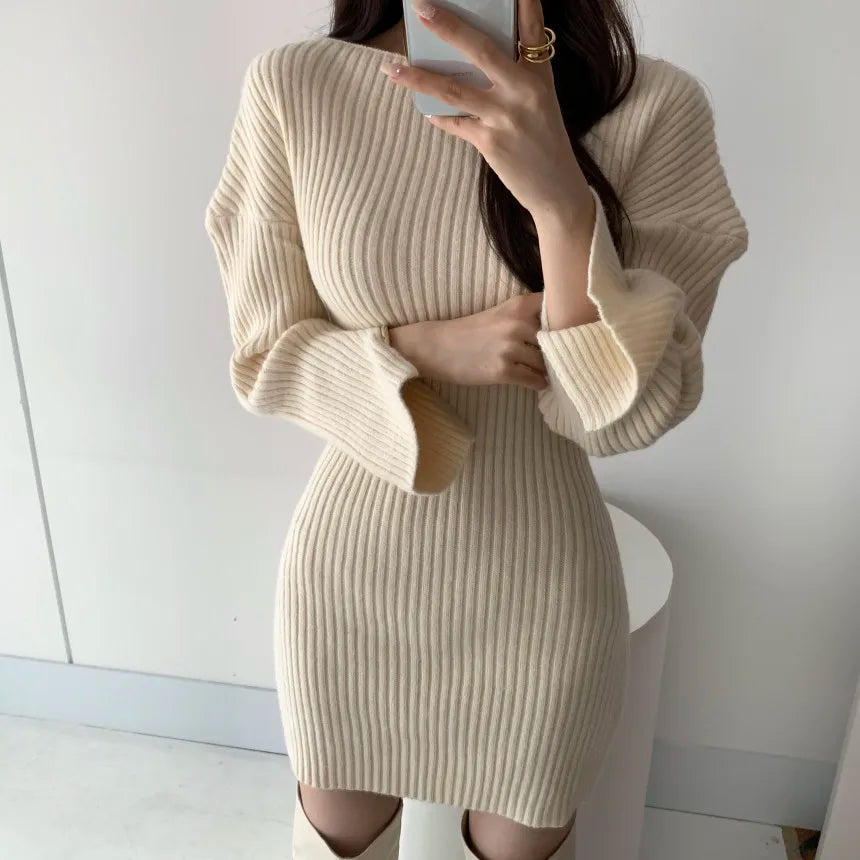 Croysier Women Dresses 2021 Fall Winter Elegant Warm Ribbed Knitted Bodycon Dress Round Neck Long Sleeve Solid Sexy Mini Dress