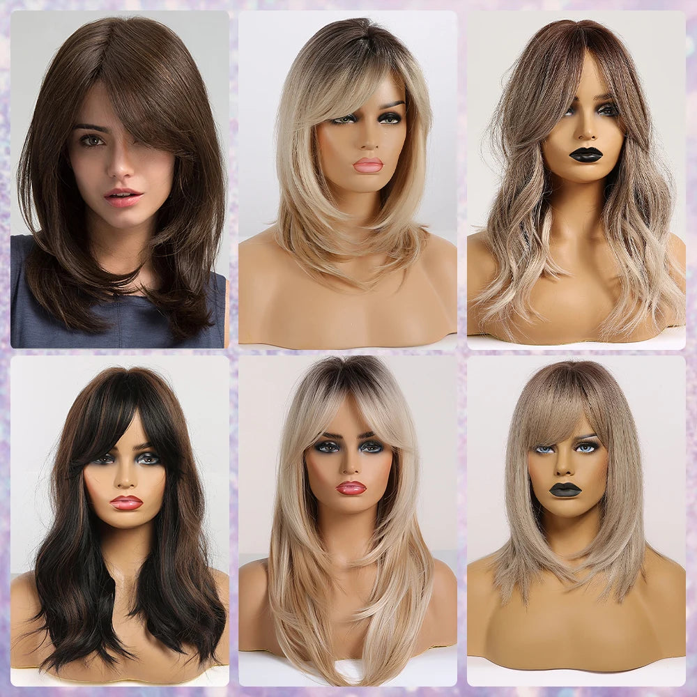 JONRENAU Middle Long Straight Hair with Bangs Ombre Brown to Blonde Wig Dark Roots Synthetic Wigs for Women Heat Resistance Hair