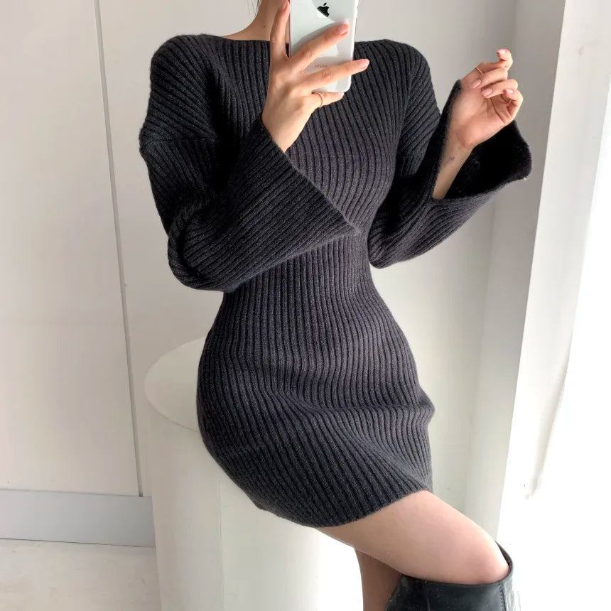 Croysier Women Dresses 2021 Fall Winter Elegant Warm Ribbed Knitted Bodycon Dress Round Neck Long Sleeve Solid Sexy Mini Dress