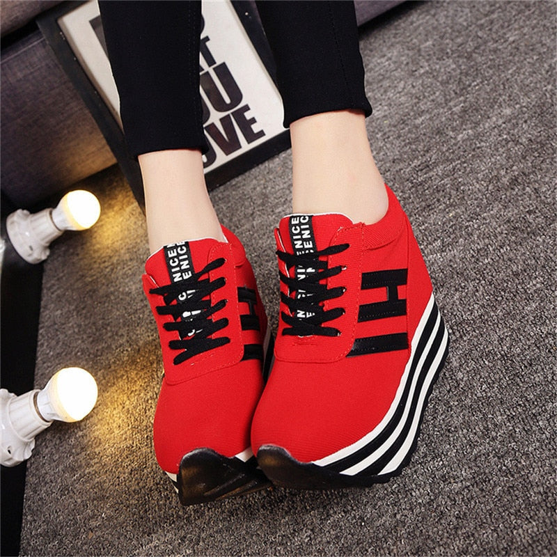 2021 High Flat Platform 9cm Height Increasing Casual Shoes Woman Spring New Hidden Wedge Sneakers Female Vulcanize Shoes