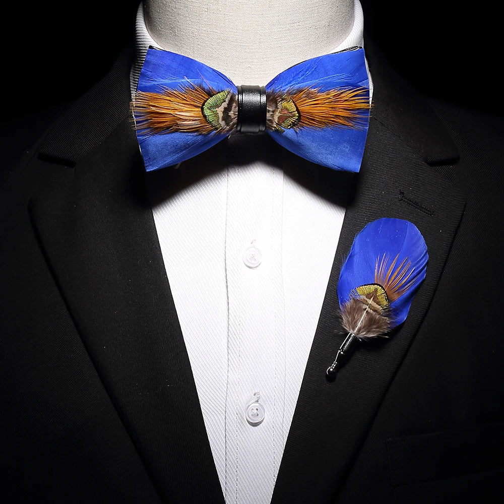 Ricnais New Original Feather Bow Tie Brooch Set White Bule Colorful Handmade Exquisite Bowtie For Men Wedding Ties Gift with Box