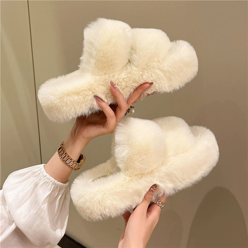 Black Casual Flat Bottom Comfort Home Fluffy Slippers