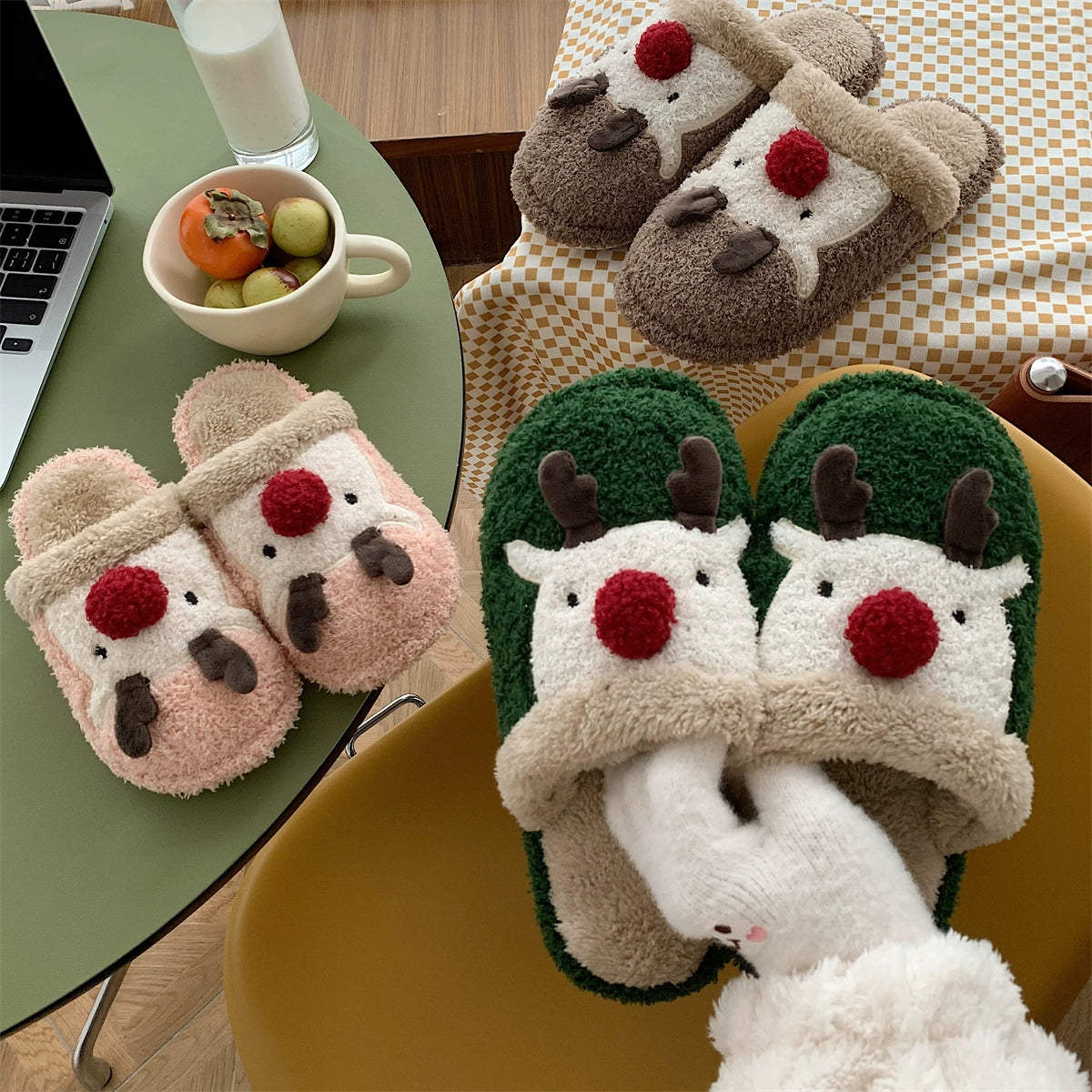 Thin Cute Christmas Elk Cotton Slippers Women's Winter Ins Fashion Home Non-Slip Couple Plush Cotton-Padded Shoes for Men