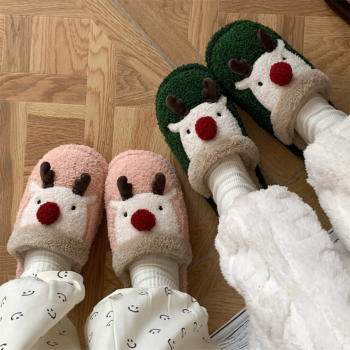 Thin Cute Christmas Elk Cotton Slippers Women's Winter Ins Fashion Home Non-Slip Couple Plush Cotton-Padded Shoes for Men