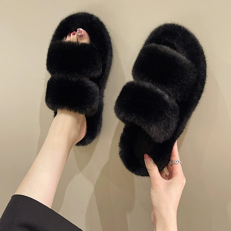 Black Casual Flat Bottom Comfort Home Fluffy Slippers