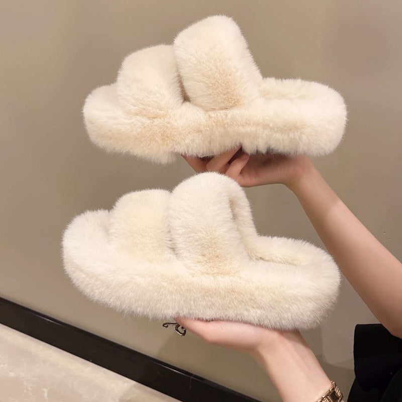 Black Casual Flat Bottom Comfort Home Fluffy Slippers