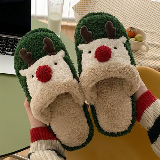 Thin Cute Christmas Elk Cotton Slippers Women's Winter Ins Fashion Home Non-Slip Couple Plush Cotton-Padded Shoes for Men