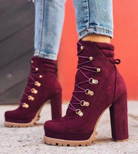 Women's Ankle Boots and High Heels Platform Women's Lace Up Women's Shoe Buckle Women's Short Boots New Plus Size 35-43