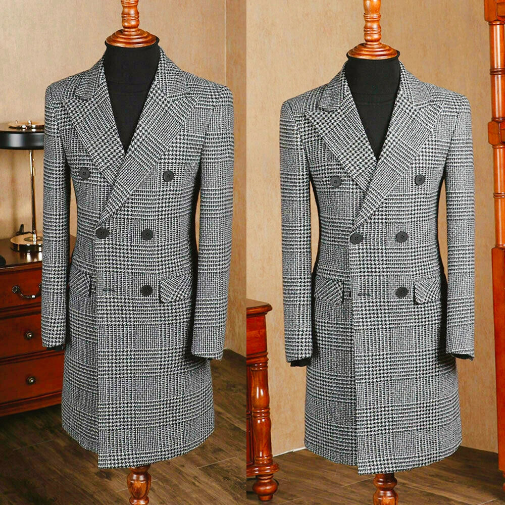 New Houndstooth Men's Suit Blazer Peak Lapel Long Sleeve Double Breasted Plaid Coat Formal Bussiness Wedding Grooms Prom Jacket