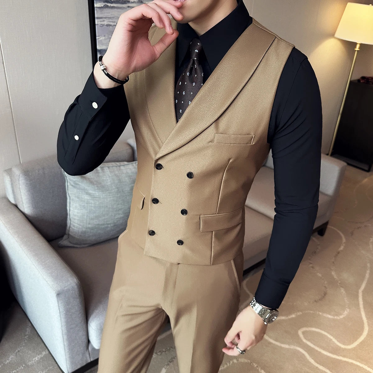 ( Vest + Pants) Men Luxury Double Breasted Design 2 pieces Formal Groom Wedding Dress Vest Set Fashion Mens Club Singer Clothing