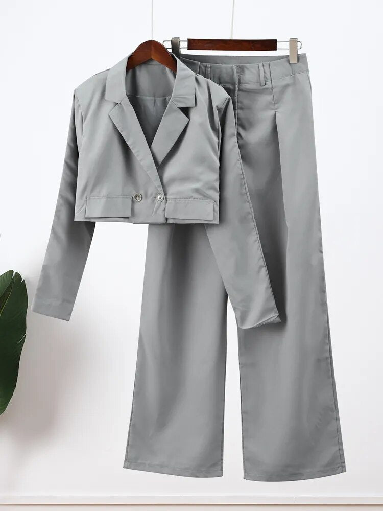 Women Solid Short Blazer Pants Suits Casual V Neck Long Sleeve Lapel Top With Loose Pant Two Piece Set Ladies Elegant Outfits